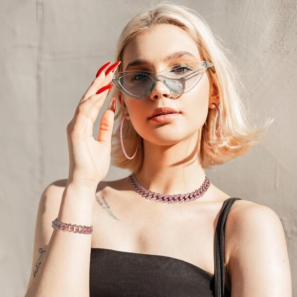 Cuban Link Chain Zinc Alloy Rhinestone Jewelry Set Necklace Bracelet Earrings Wo - Picture 4 of 6